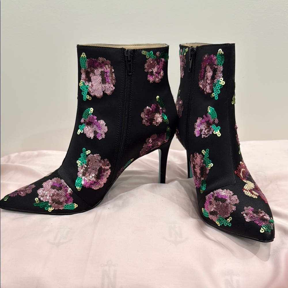 Betsey Johnson Black and Pink Heeled Boots with Floral Design